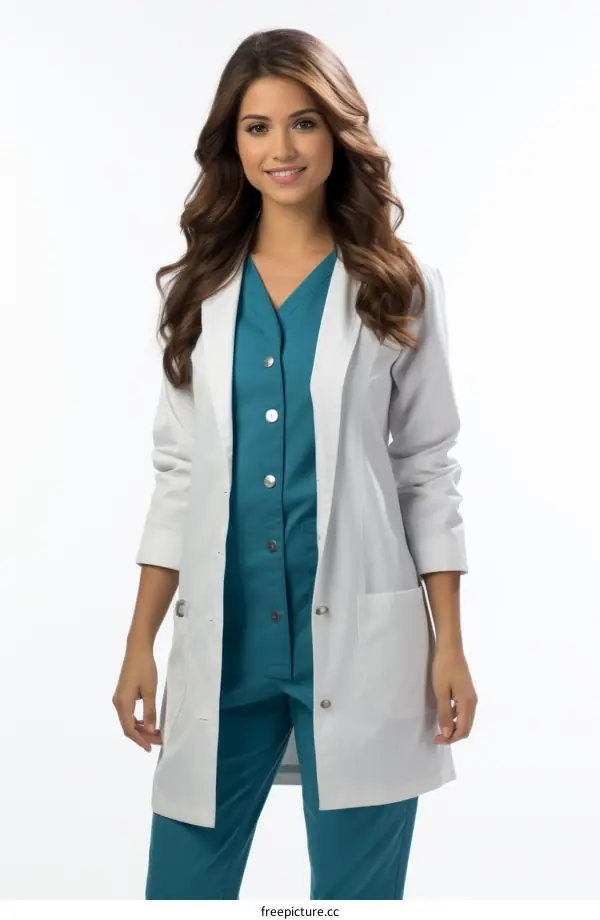 Caucasian female doctor wearing white lab coat