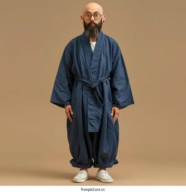 Bald man wearing blue kimono and white sneakers