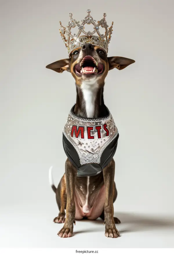 A happy dog wearing a crown and a New York Mets jersey
