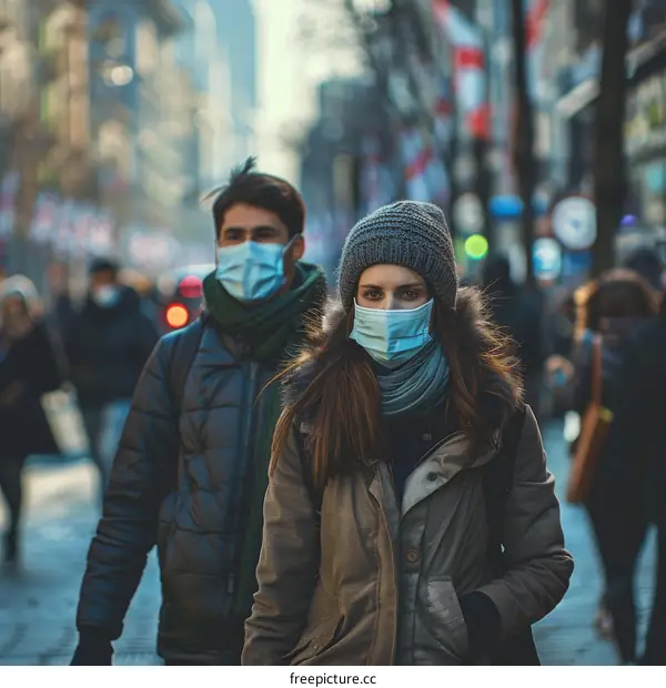 Crowded city street with people wearing surgical masks during the COVID-19 pandemic