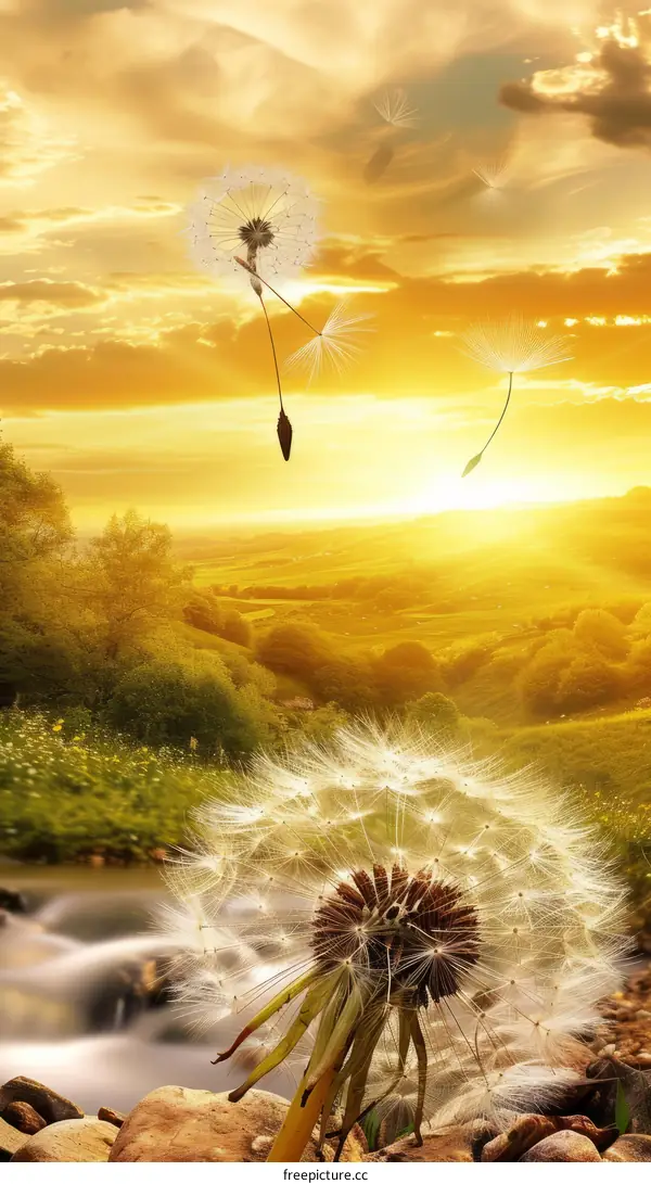Dandelion seeds blowing in the wind with a beautiful sunset in the background