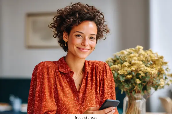 Smiling Woman Using Smartphone in Cafe