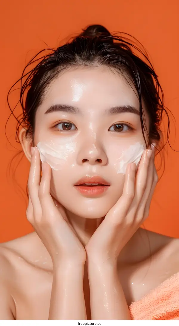 Beautiful Asian Woman Applying Face Cream