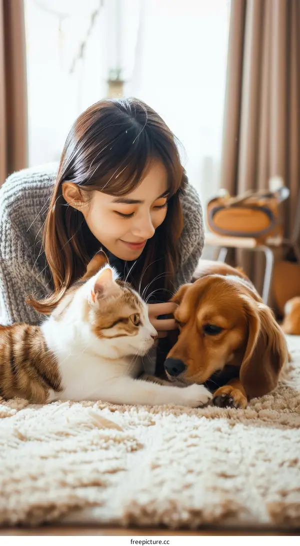 A young woman is lying on the floor with a cat and a dog.