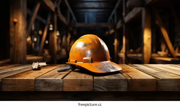 An Orange Safety Hard Hat on a Wooden Work Table