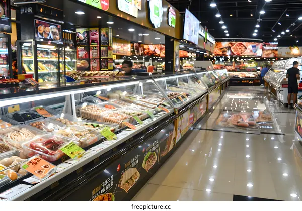 Fresh Meat and Seafood Display in Asian Supermarket