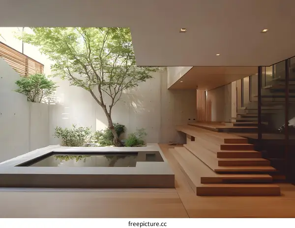Modern Minimalist Courtyard Design with Concrete Walls and Wooden Steps