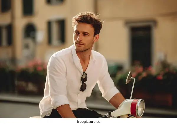 Stylish Man Riding a Vintage Scooter in a European City