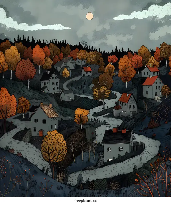 Autumn Village Landscape With Winding Path