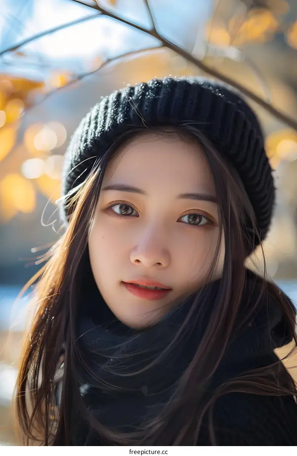 Young Woman in a Black Knit Hat and Scarf