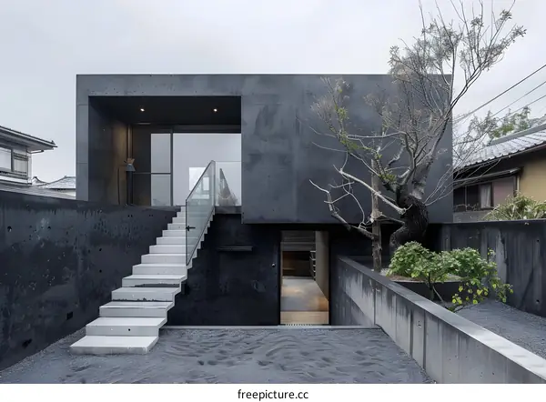 Modern Minimalist Concrete House Exterior with  Staircase and Gravel Garden