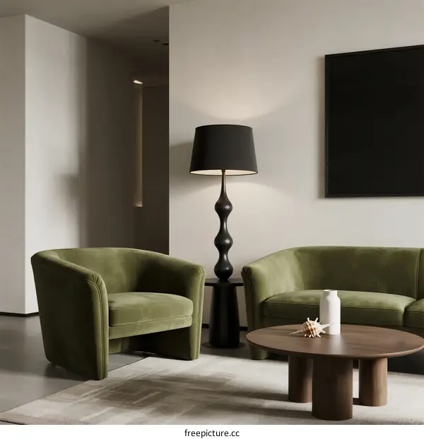 Modern living room with green velvet sofa and armchair