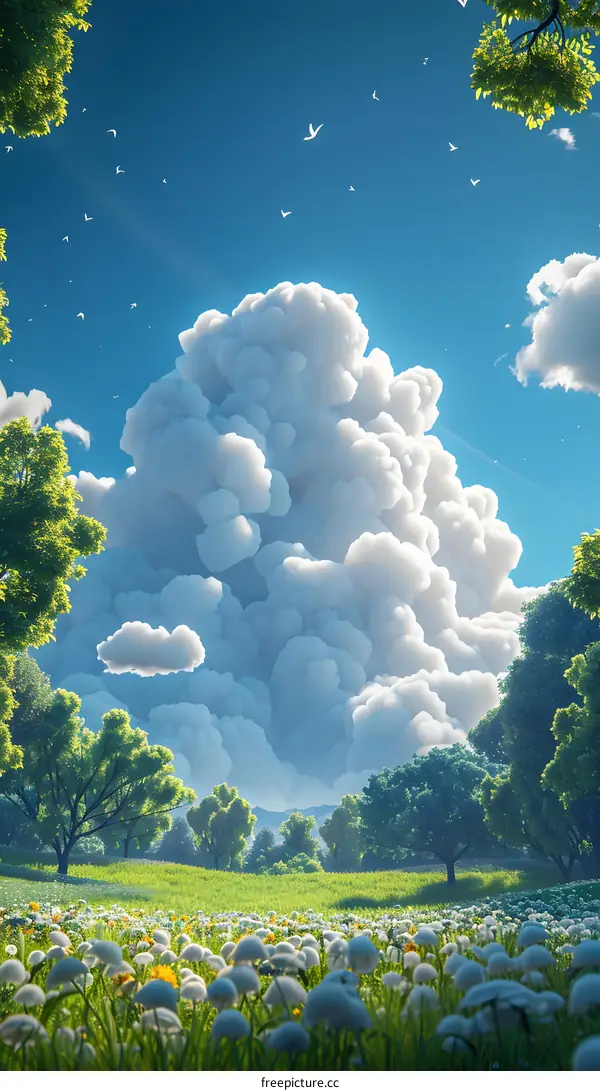 Cumulus cloud over a verdant meadow