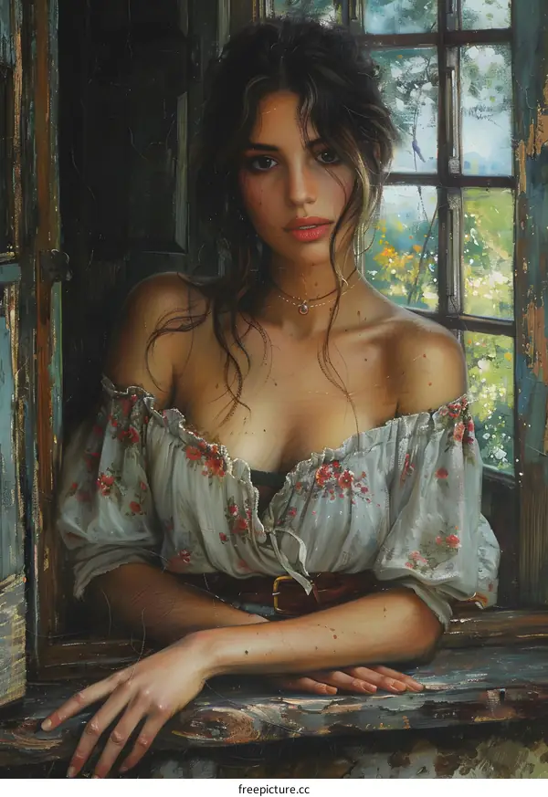 portrait of a beautiful young woman in a white dress with a floral pattern