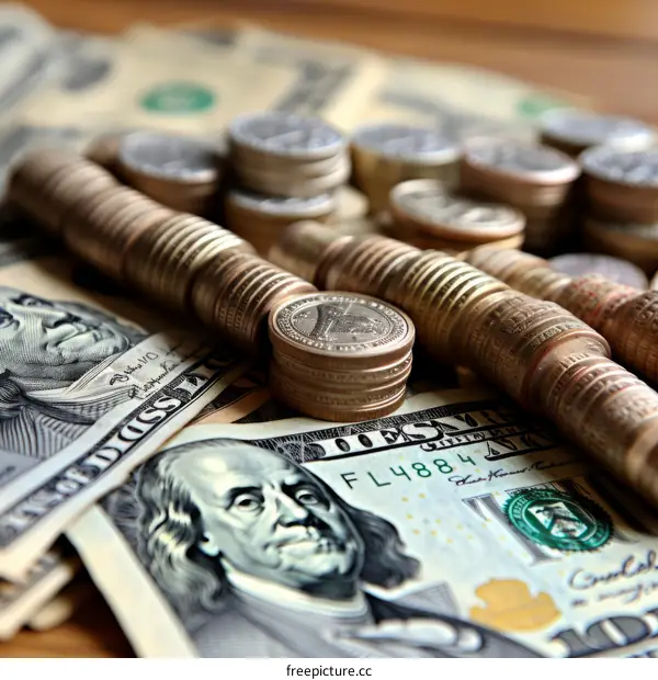Stacks of US Dollar Bills and Pennies