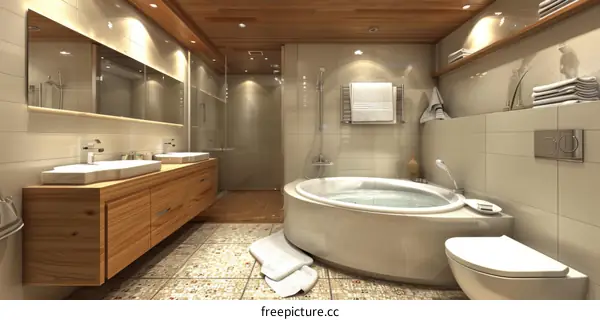 Modern Bathroom Design with Wooden Cabinets