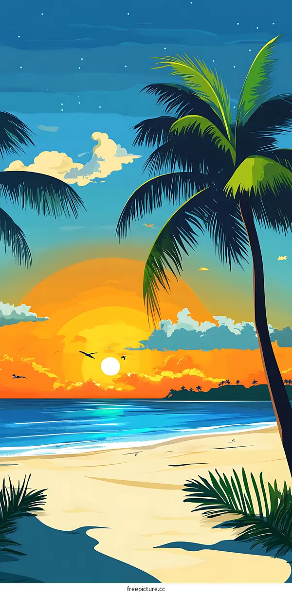 Sunset Beach with Palm Trees and Ocean View