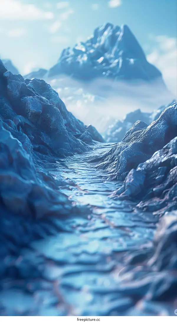 Ice Cave with Blue Crystals and Snow