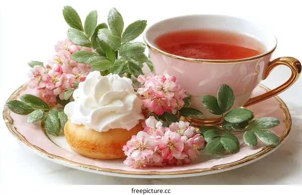 Elegant Pink Tea Time with Sweet Treats and Flowers