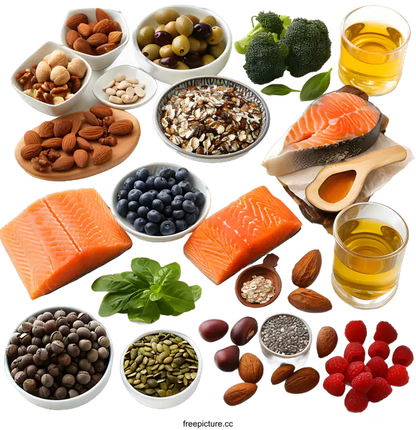 [Transparent Background PNG]Healthy Food Collage with Salmon, Almonds, and Berries