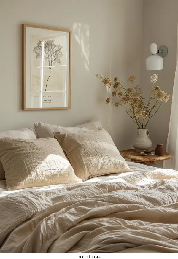 A Serene Bedroom with Neutral Bedding and Botanical Print