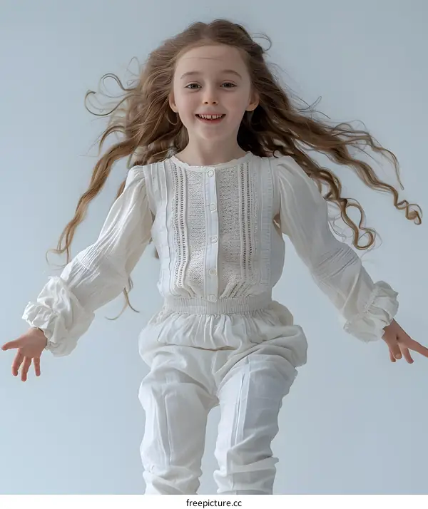Little Girl in White Jumpsuit with Long Curly Hair