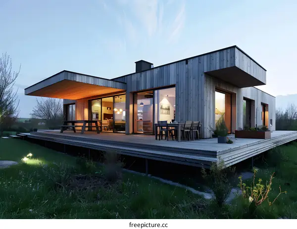 Modern Wooden House with Deck and Lawn in Front of it