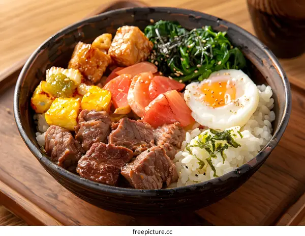 Beef and Egg Rice Bowl with Spinach and Seaweed