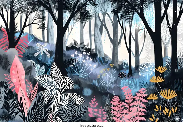 Forest Illustration with Colorful Flowers and Plants