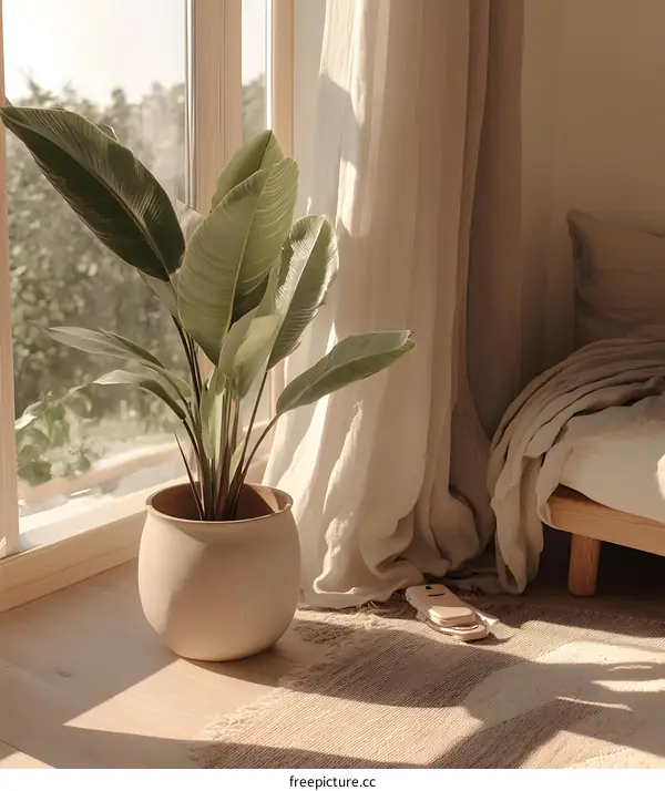 Potted Plant Near Window With Sheer Curtain