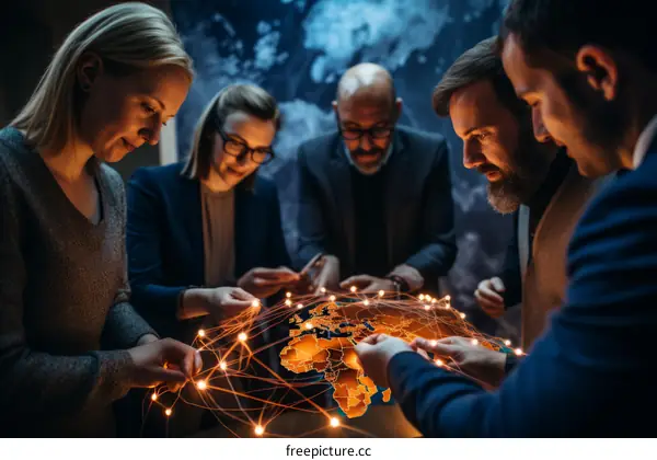 Group of diverse business professionals working together on a project using glowing network map