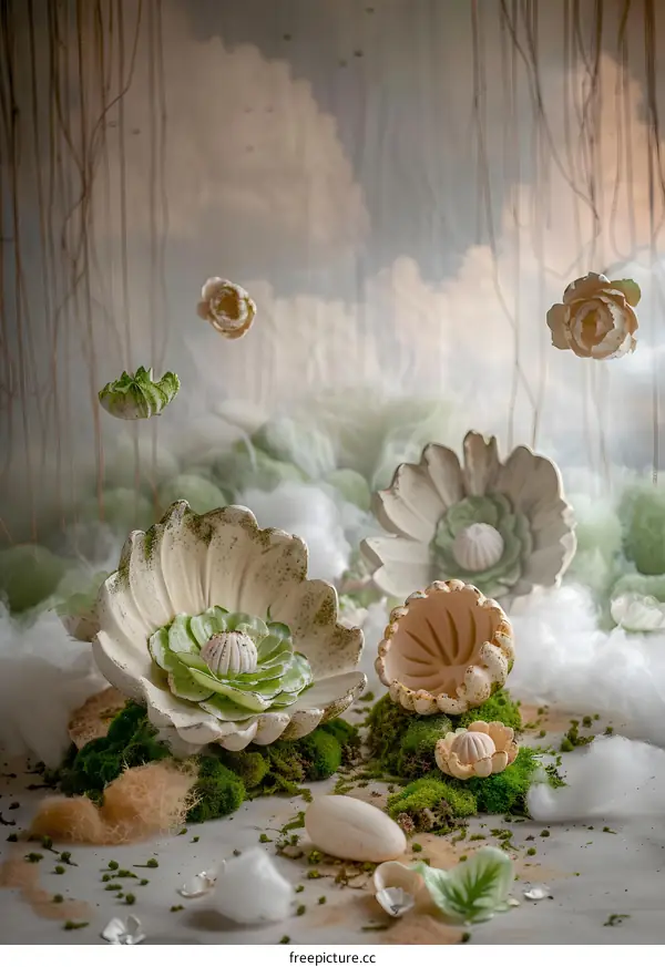 Floral Decoration with White Flowers and Green Moss