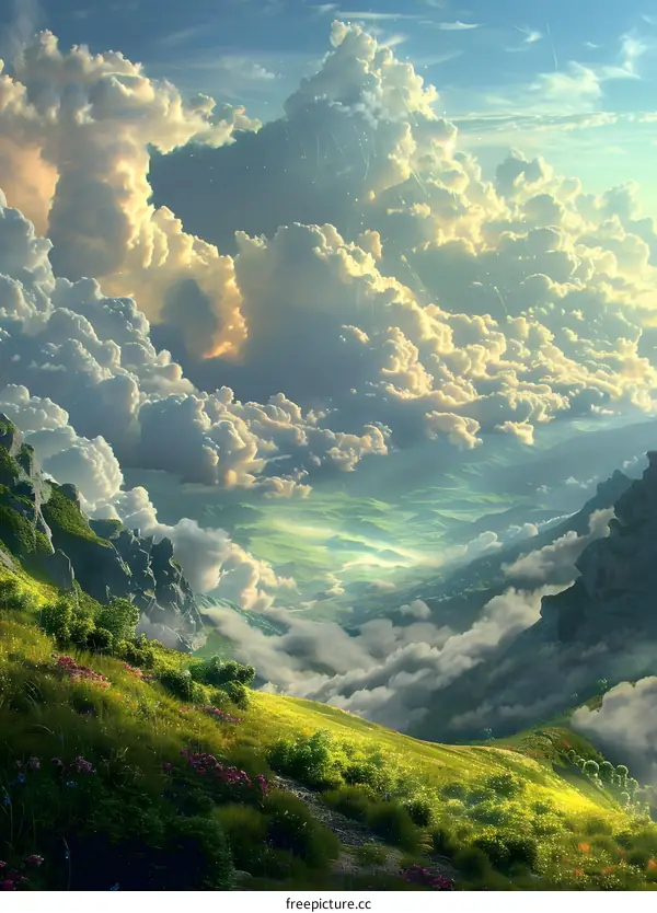 Fantasy landscape with fluffy clouds and green mountains