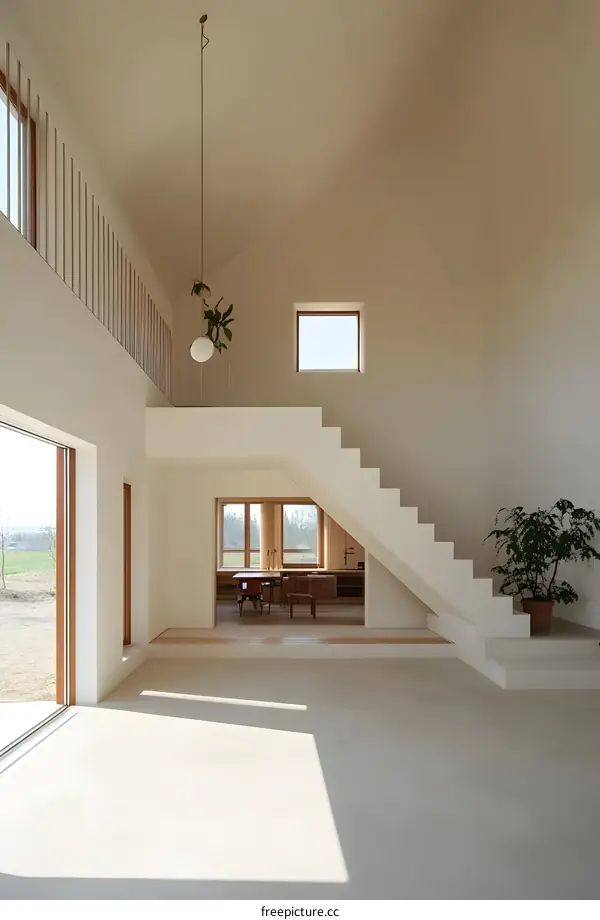 Minimalist Interior Design of Modern House with Wooden Stairs and Large Windows