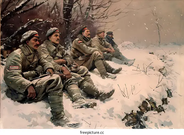 Winter landscape with soldiers resting