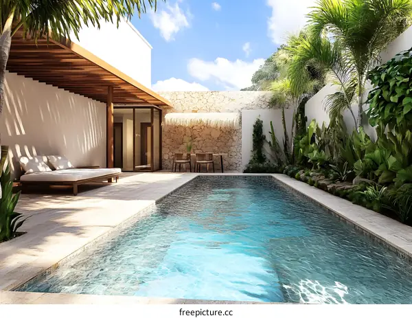 Tropical Courtyard with Swimming Pool and Wooden Pergola