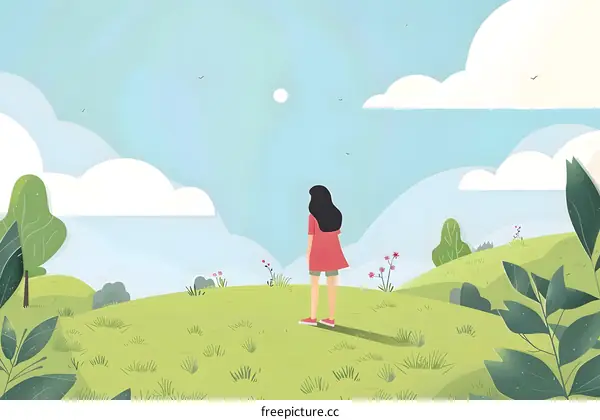 Woman Standing on a Green Hill Looking at the Blue Sky