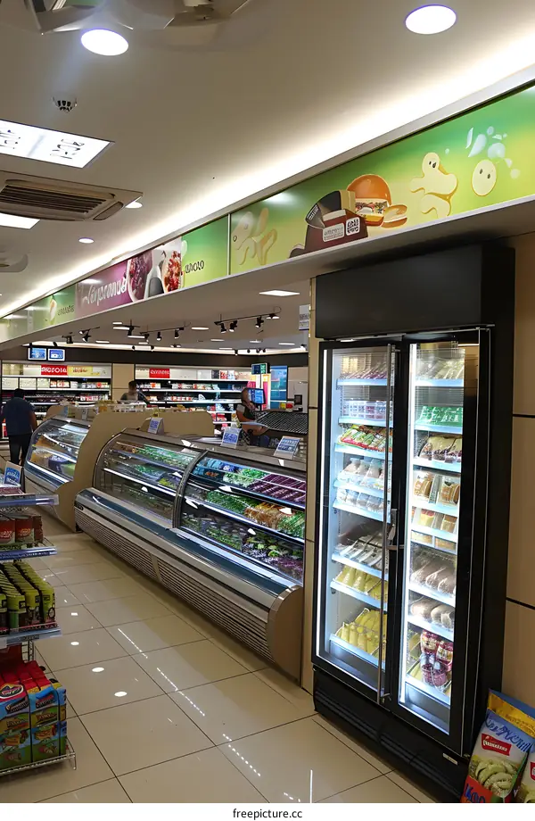 Convenience Store Interior with Refrigerated Display Cases Filled with Fresh Food