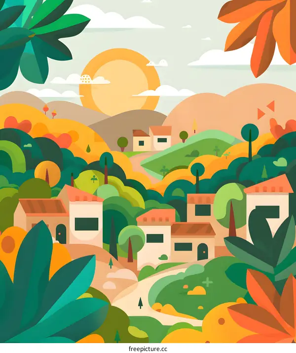 Colorful Illustration of a Village in a Green Valley with a Sunset
