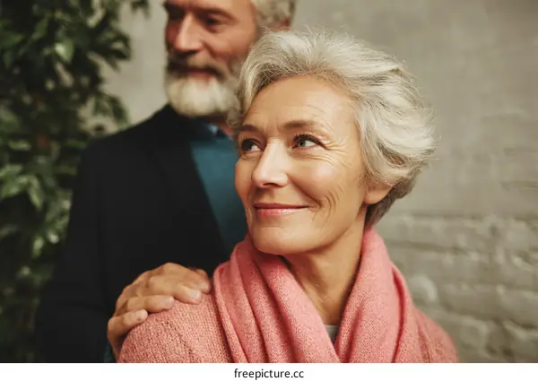Older couple with warm smiles standing in a cozy indoor setting