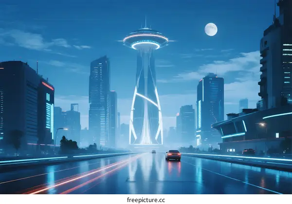 Futuristic Cityscape with Tall Tower and Moonlit Night