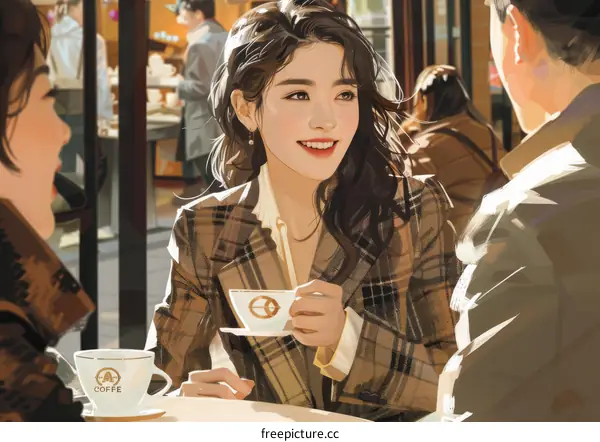An Asian woman is drinking coffee with her friends in a coffee shop