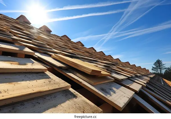 unfinished wood shake roof under construction with blue sky in the background