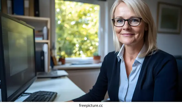 Smiling Woman Working at Desk with Computer