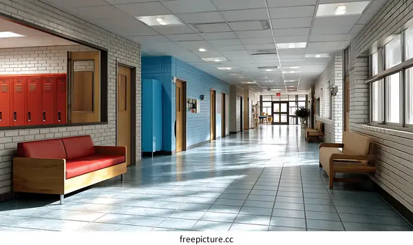 Empty School Corridor with Red and Tan Couches