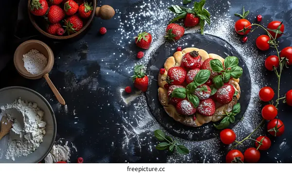 Close-up of a strawberry tart with powdered sugar and basil leaves