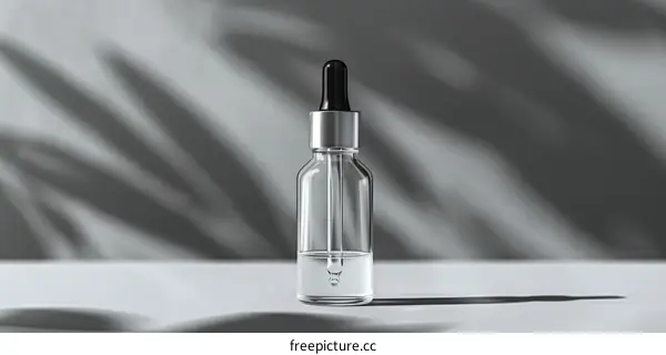 Dropper Bottle with Pipette and Leaf Shadows on White Background