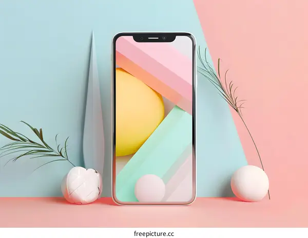 Minimalist Phone Mockup with Geometric Shapes and Pastel Colors