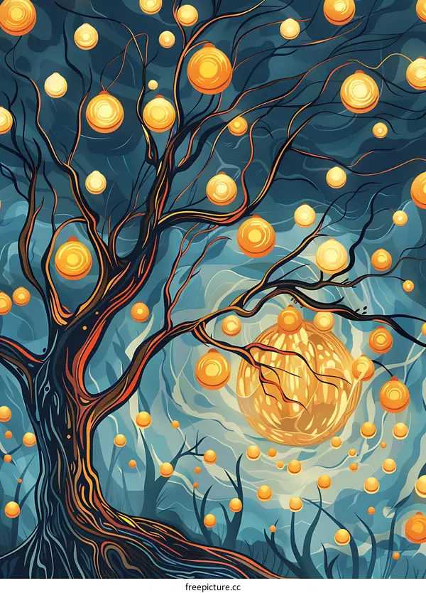 Abstract Tree with Glowing Orbs