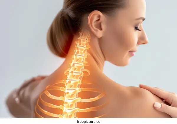 A woman with neck pain and highlighted spine
